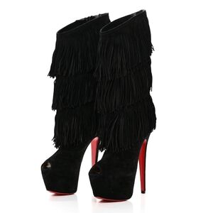 Christian Louboutin Tina Highness Fringe Peep Toe Leather Boots Size EU 38.5